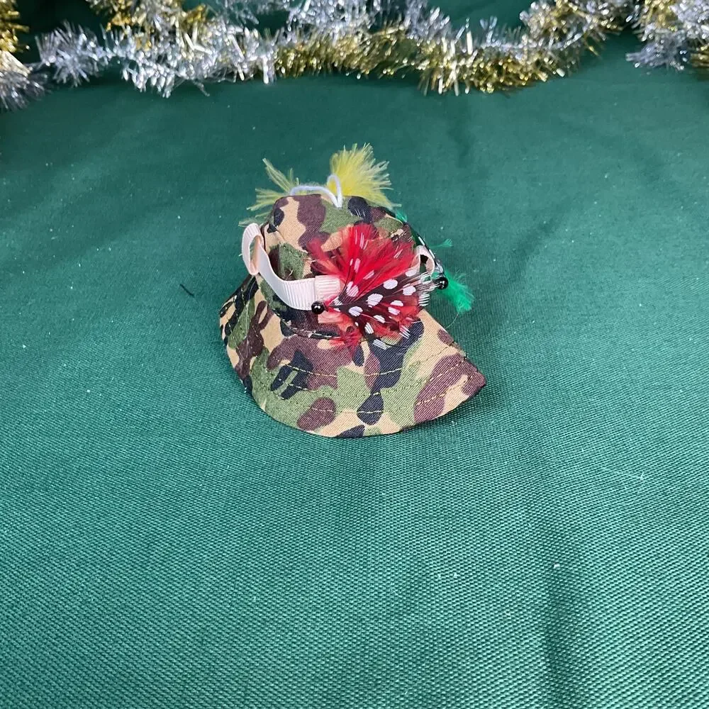 Miniature Camo Bucket Hat Christmas Ornament with Fishing Fly Lure